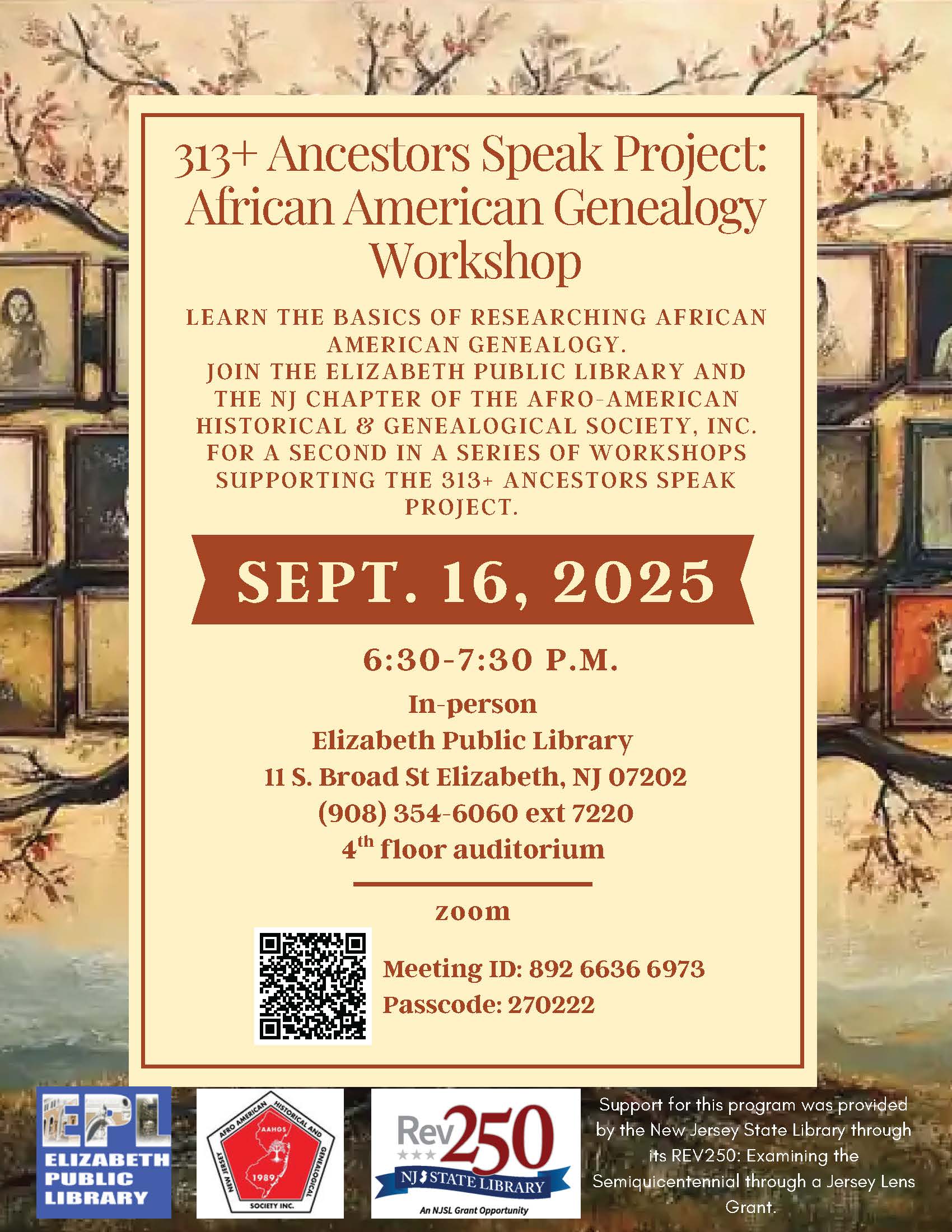 Flyer for the African American Genealogy Workshop at Elizabeth Public Library (Sept 16, 2025)
