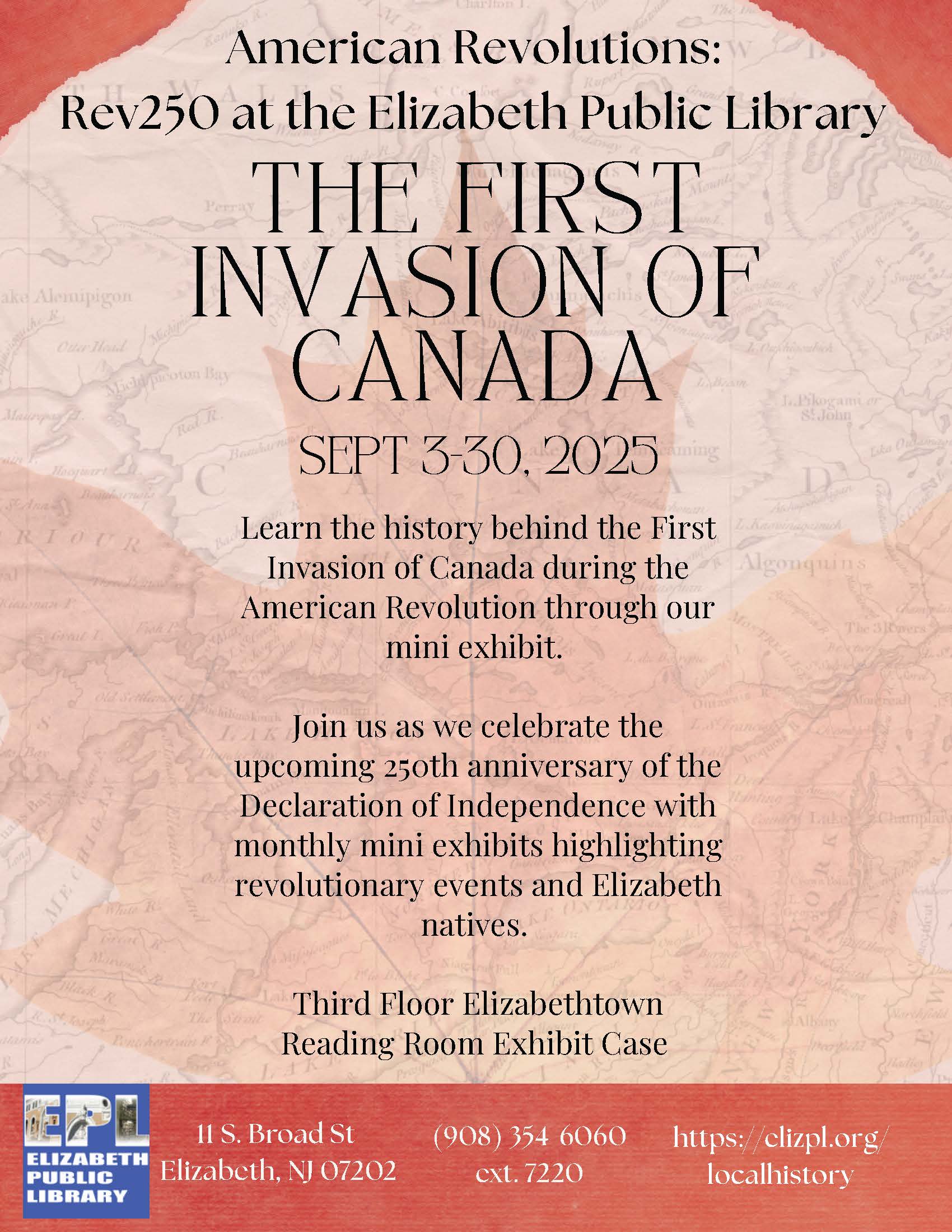 Exhibit flyer for First Invasion of Canada mini exhibit at Elizabeth Public Library