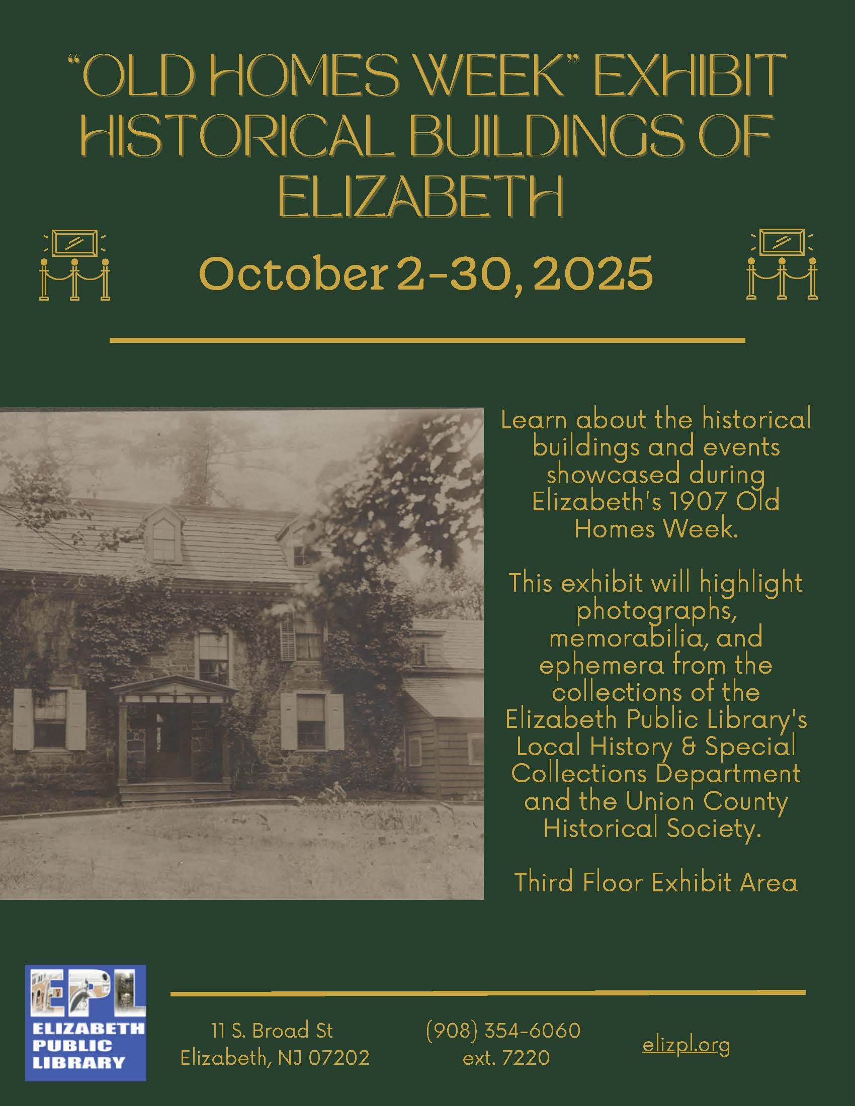 Flyer for Old Homes Week Exhibit at Elizabeth Public Library, October 2025