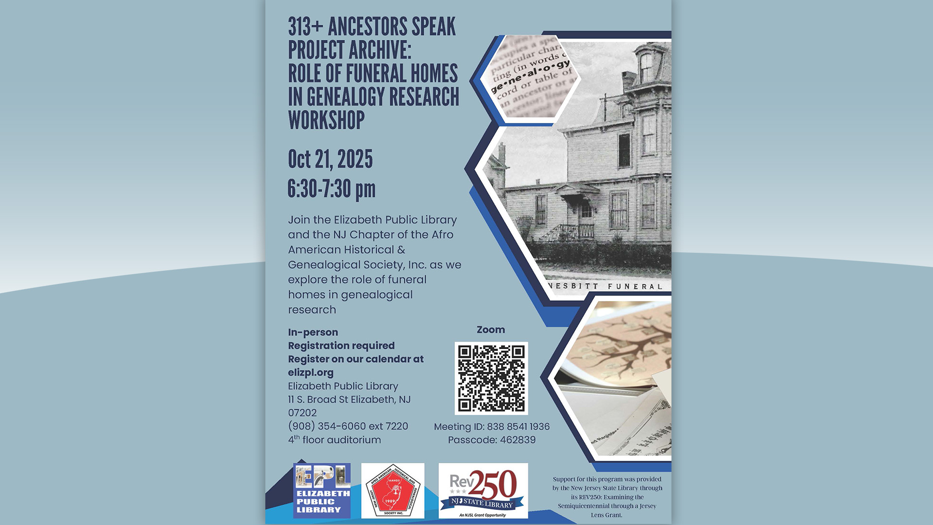 Elizabeth Public Library hybrid genealogy workshop image, Oct 21, 2025