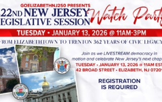 Historic Elizabethtown imagery side-by-side with New Jersey State House for the GoElizabethNJ250 watch party