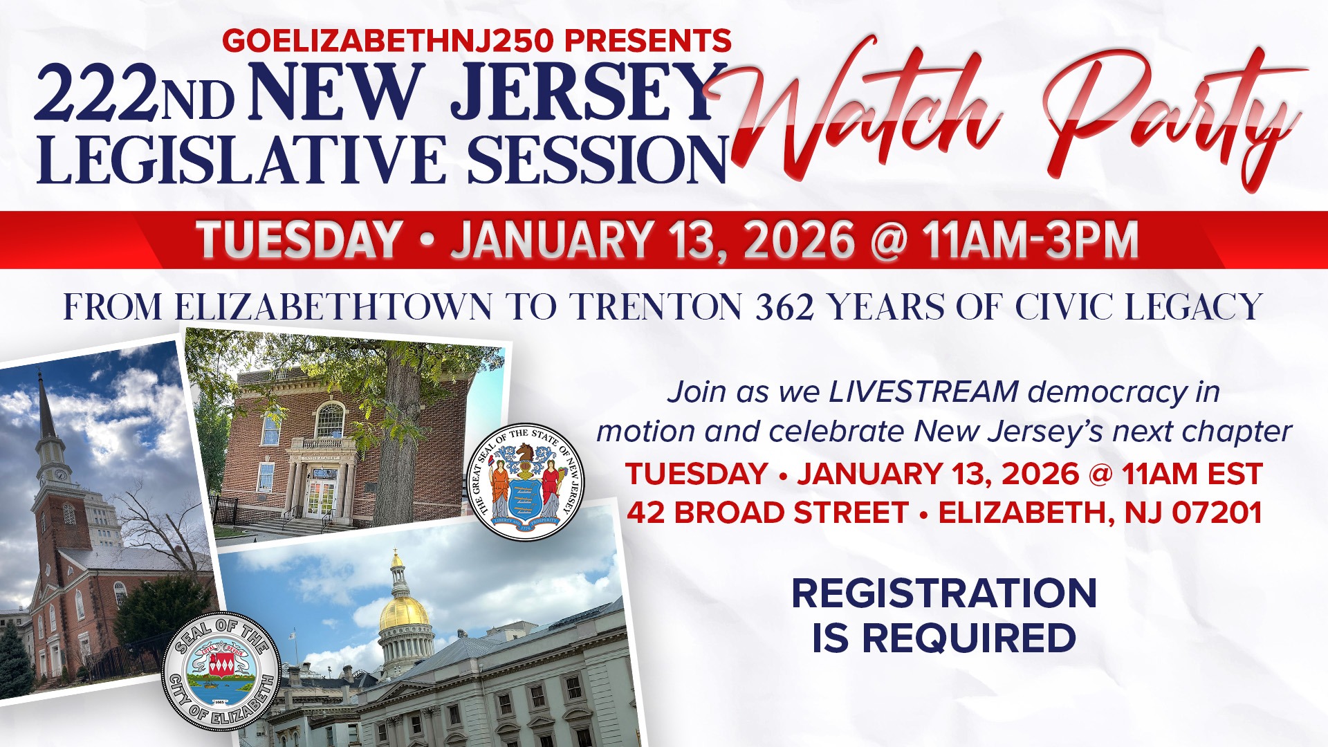Historic Elizabethtown imagery side-by-side with New Jersey State House for the GoElizabethNJ250 watch party