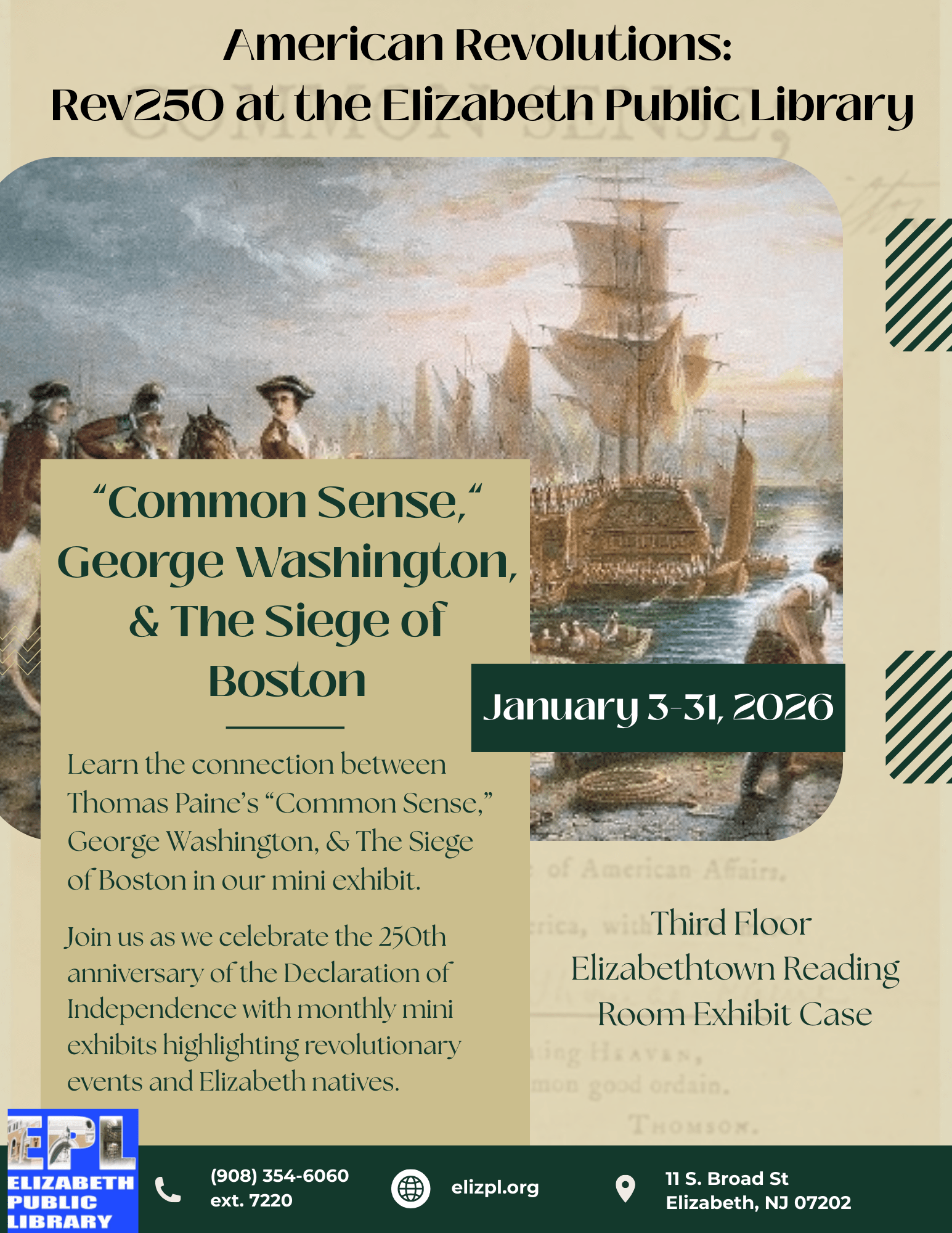 Jan 2026 Mini Exhibit Flyer for the January 2026 mini exhibit at the Elizabeth Public Library featuring Common Sense, George Washington, and the Siege of Boston.