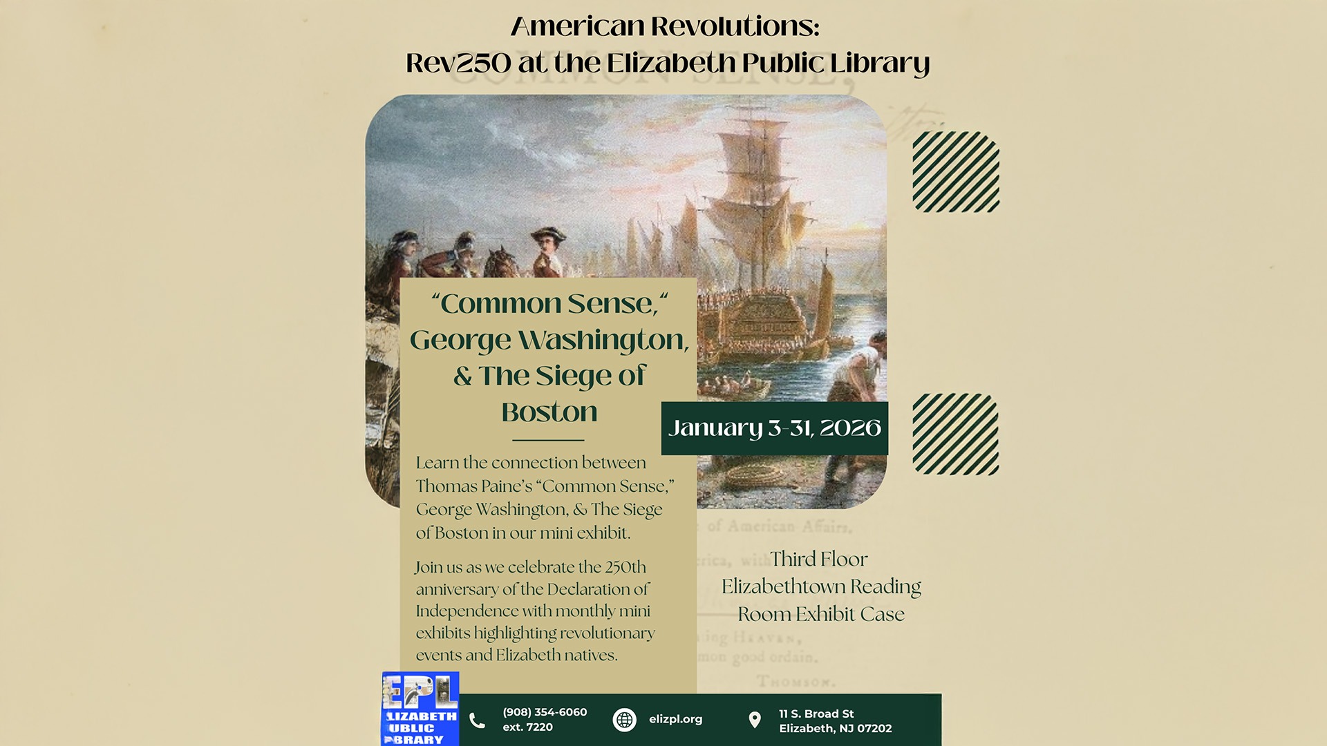 Featured image promoting the Rev250 mini exhibit on Common Sense, George Washington, and the Siege of Boston at the Elizabeth Public Library.