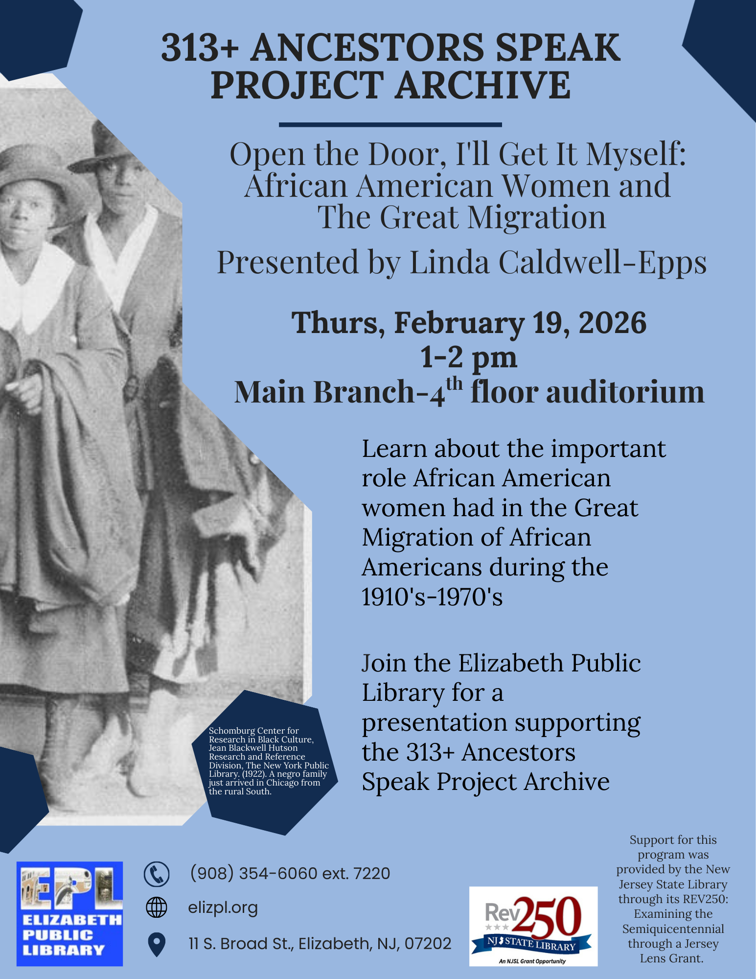 Flyer for Open the Door, I’ll Get It Myself: African American Women and The Great Migration presented by Linda Caldwell–Epps