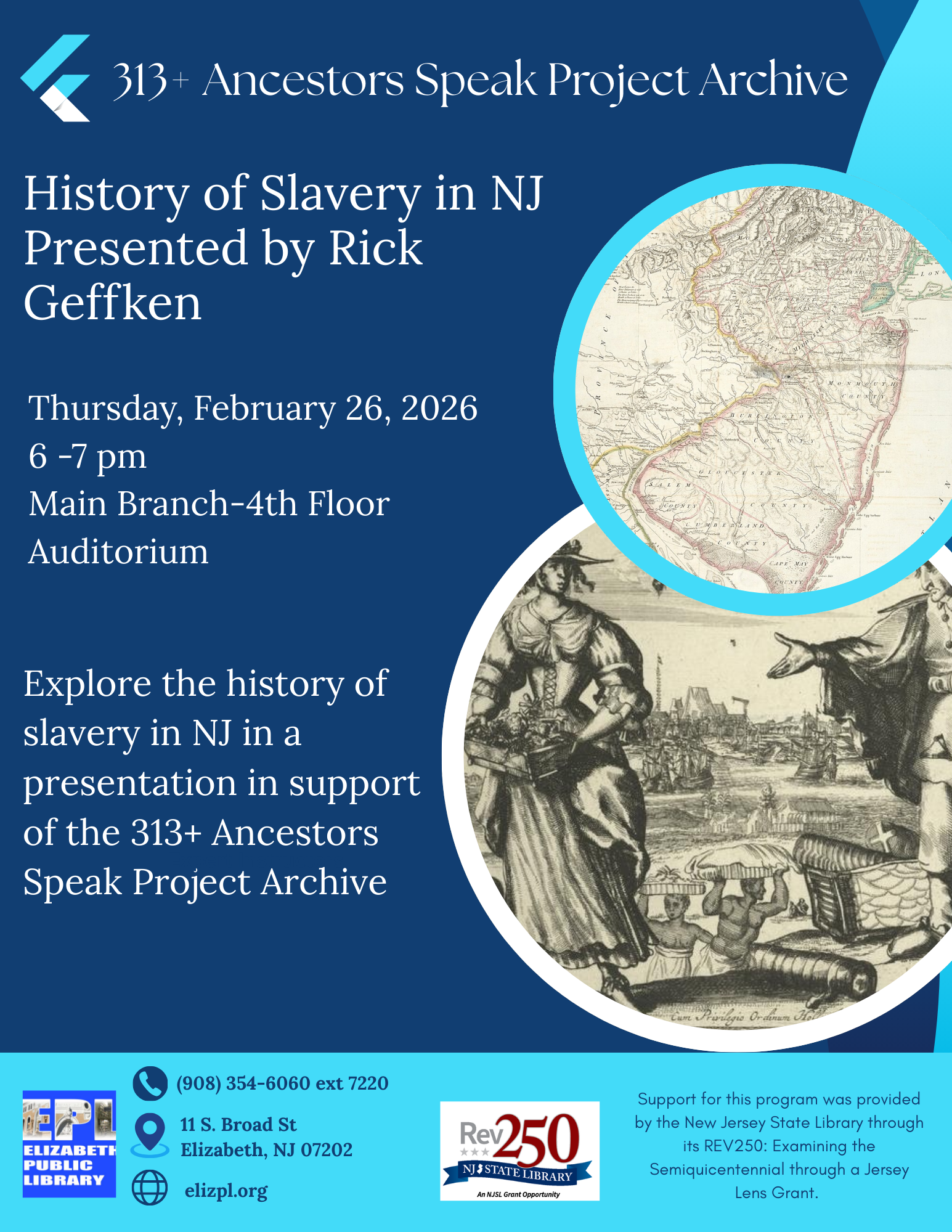 Flyer for History of Slavery in New Jersey lecture presented by Rick Geffken at the Elizabeth Public Library
