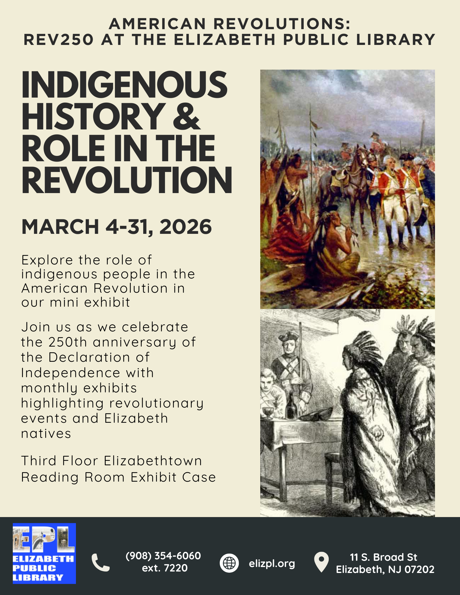 March 2026 Mini Exhibit Poster for Indigenous History and Role in the Revolution exhibit at Elizabeth Public Library March 2026