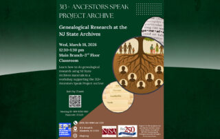 Family tree graphic promoting genealogical research workshop in Elizabeth NJ supporting 313+ Ancestors Speak project