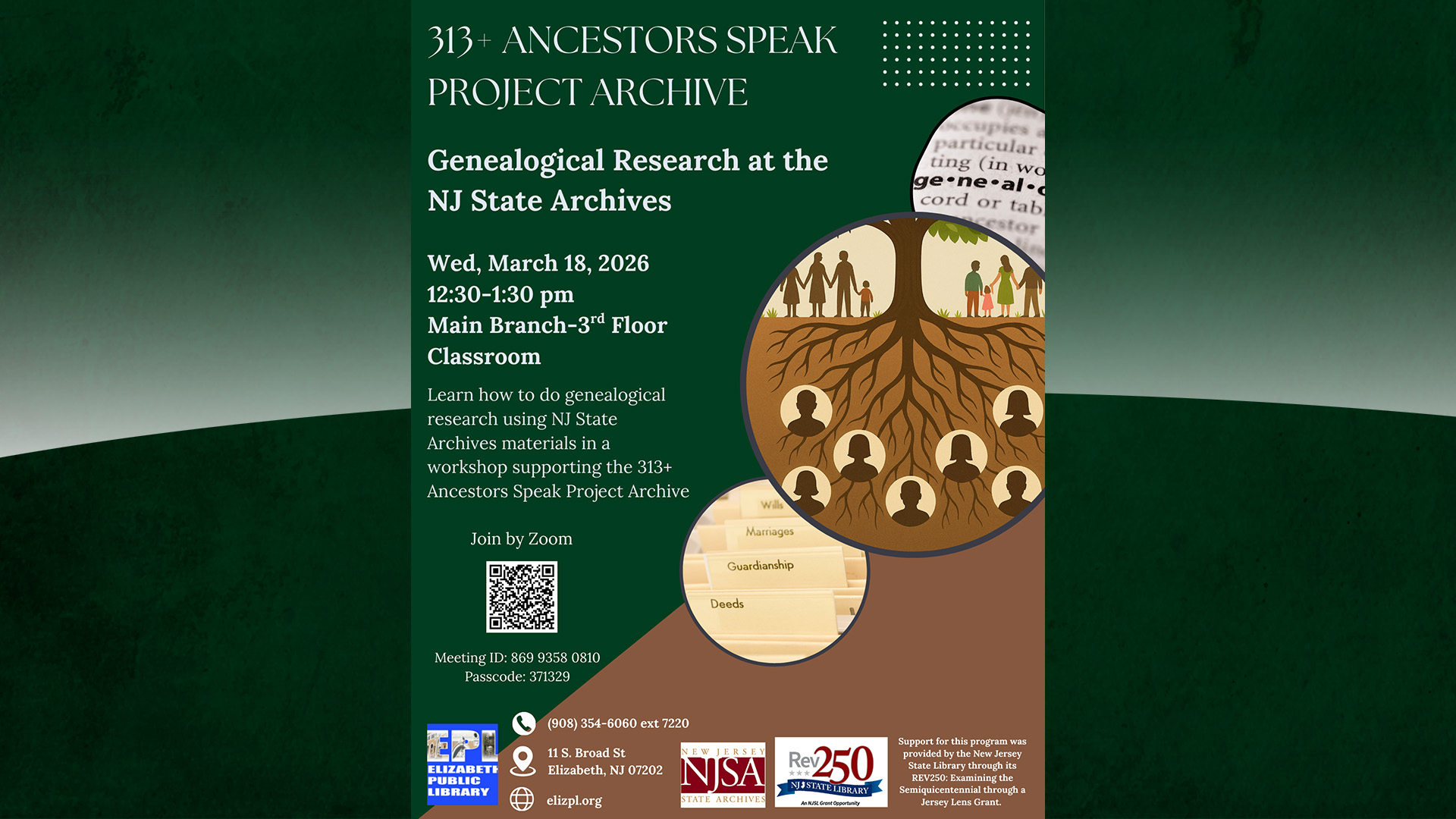 Family tree graphic promoting genealogical research workshop in Elizabeth NJ supporting 313+ Ancestors Speak project