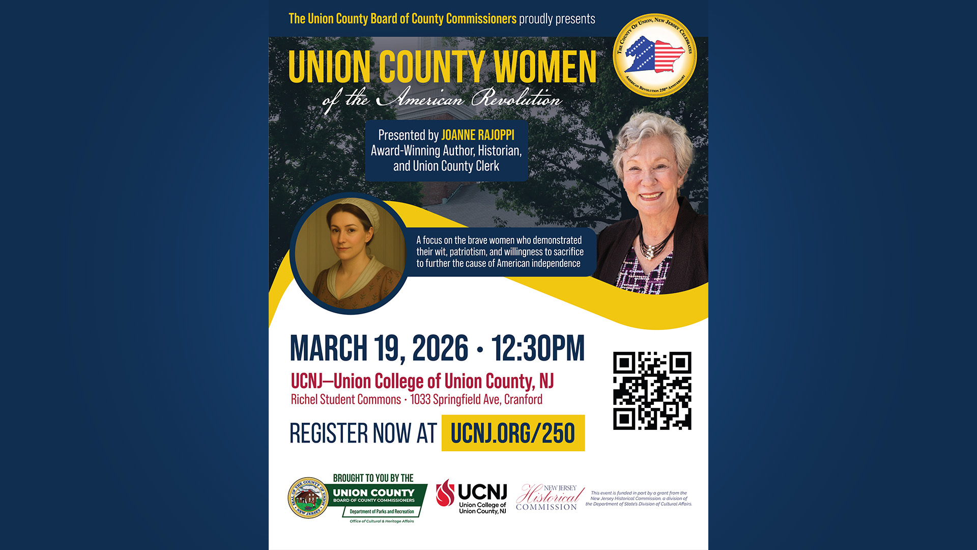 Union County Women of the American Revolution event flyer featuring Joanne Rajoppi at UCNJ on March 19, 2026