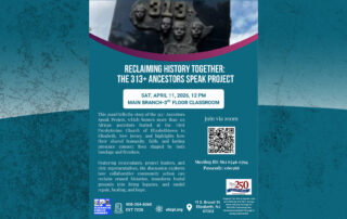 Promotional graphic for the 313+ Ancestors Speak Project panel discussion in Elizabeth, New Jersey