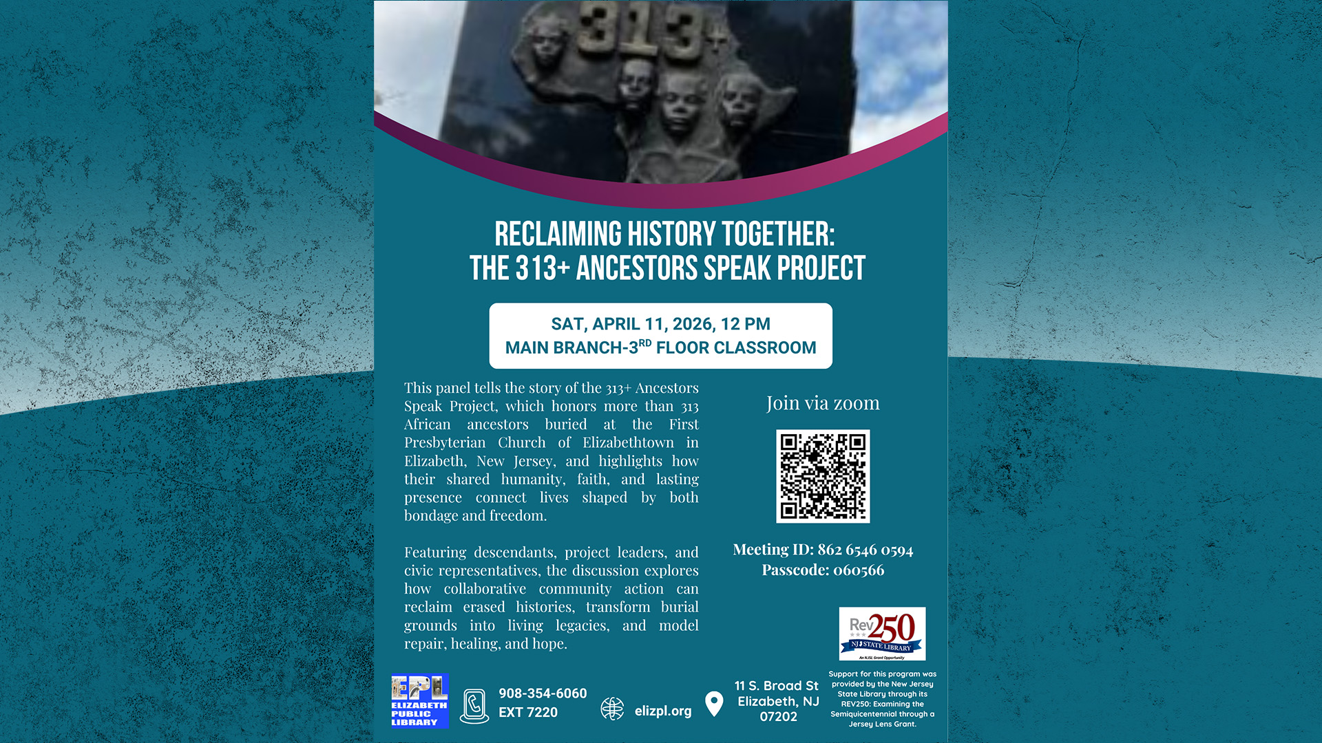Promotional graphic for the 313+ Ancestors Speak Project panel discussion in Elizabeth, New Jersey