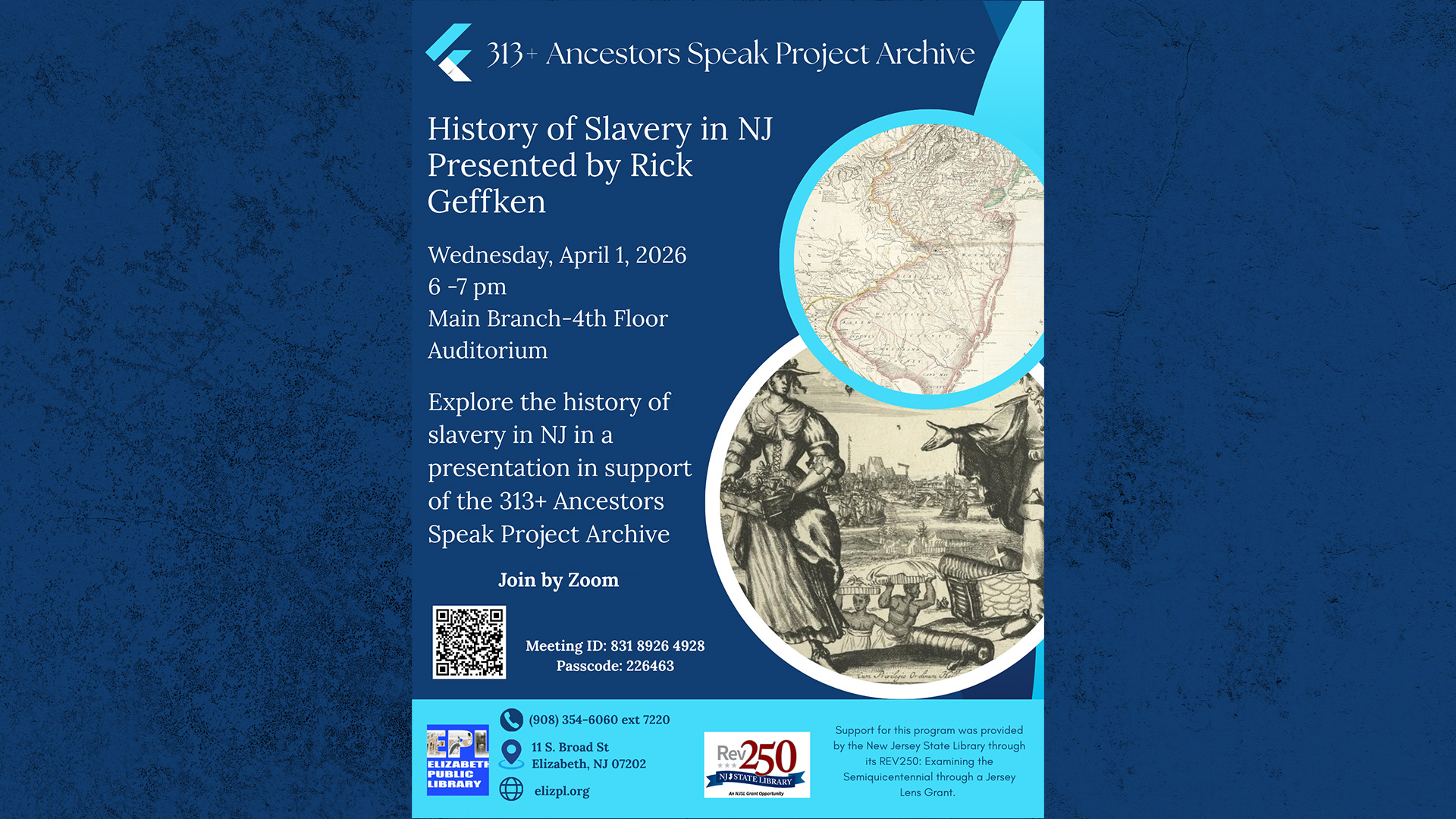 uploaded flyer alt text: Flyer for History of Slavery in NJ presented by Rick Geffken at Elizabeth Public Library on April 1, 2026, featured image alt text: Promotional graphic for History of Slavery in NJ presentation by Rick Geffken in Elizabeth, New Jersey