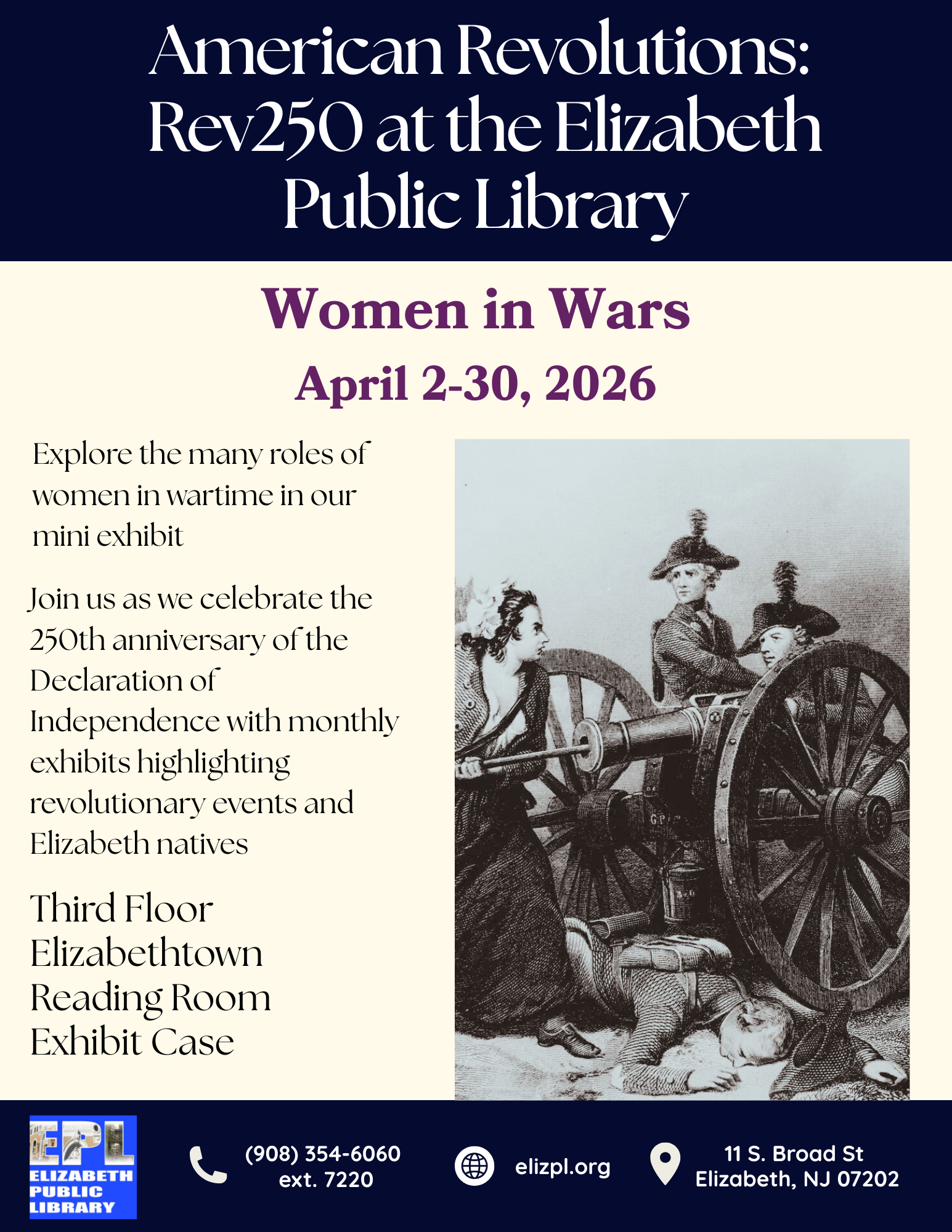 Flyer for the Women in Wars mini exhibit at Elizabeth Public Library in April 2026