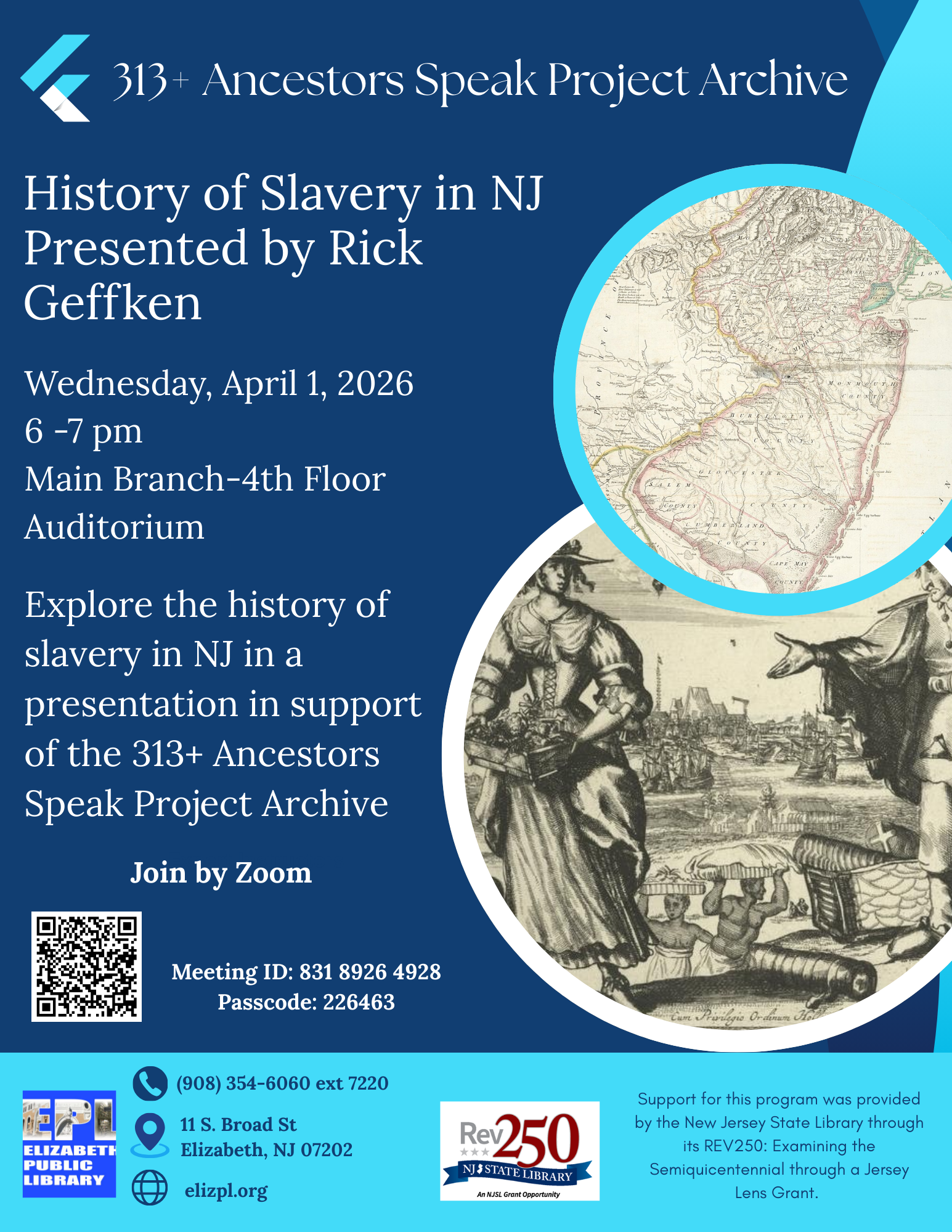history-of-slavery-in-nj-rick-geffken-elizabeth-public-library-april-2026 uploaded flyer alt text: Flyer for History of Slavery in NJ presented by Rick Geffken at Elizabeth Public Library on April 1, 2026, featured image alt text: Promotional graphic for History of Slavery in NJ presentation by Rick Geffken in Elizabeth, New Jersey