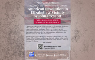 Promotional graphic for American Revolution in Elizabeth & Vicinity presentation by John Prescott in Elizabeth, New Jersey