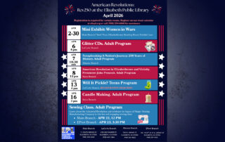 Promotional graphic for American Revolutions Rev250 April 2026 events at Elizabeth Public Library