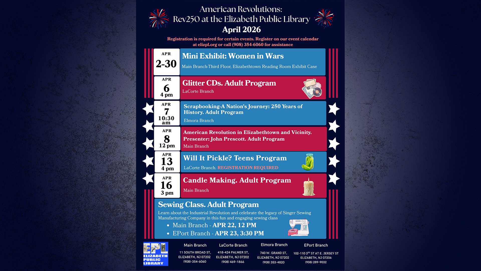 Promotional graphic for American Revolutions Rev250 April 2026 events at Elizabeth Public Library