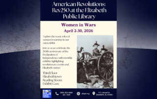 Promotional graphic for the Women in Wars mini exhibit at Elizabeth Public Library in Elizabeth, New Jersey