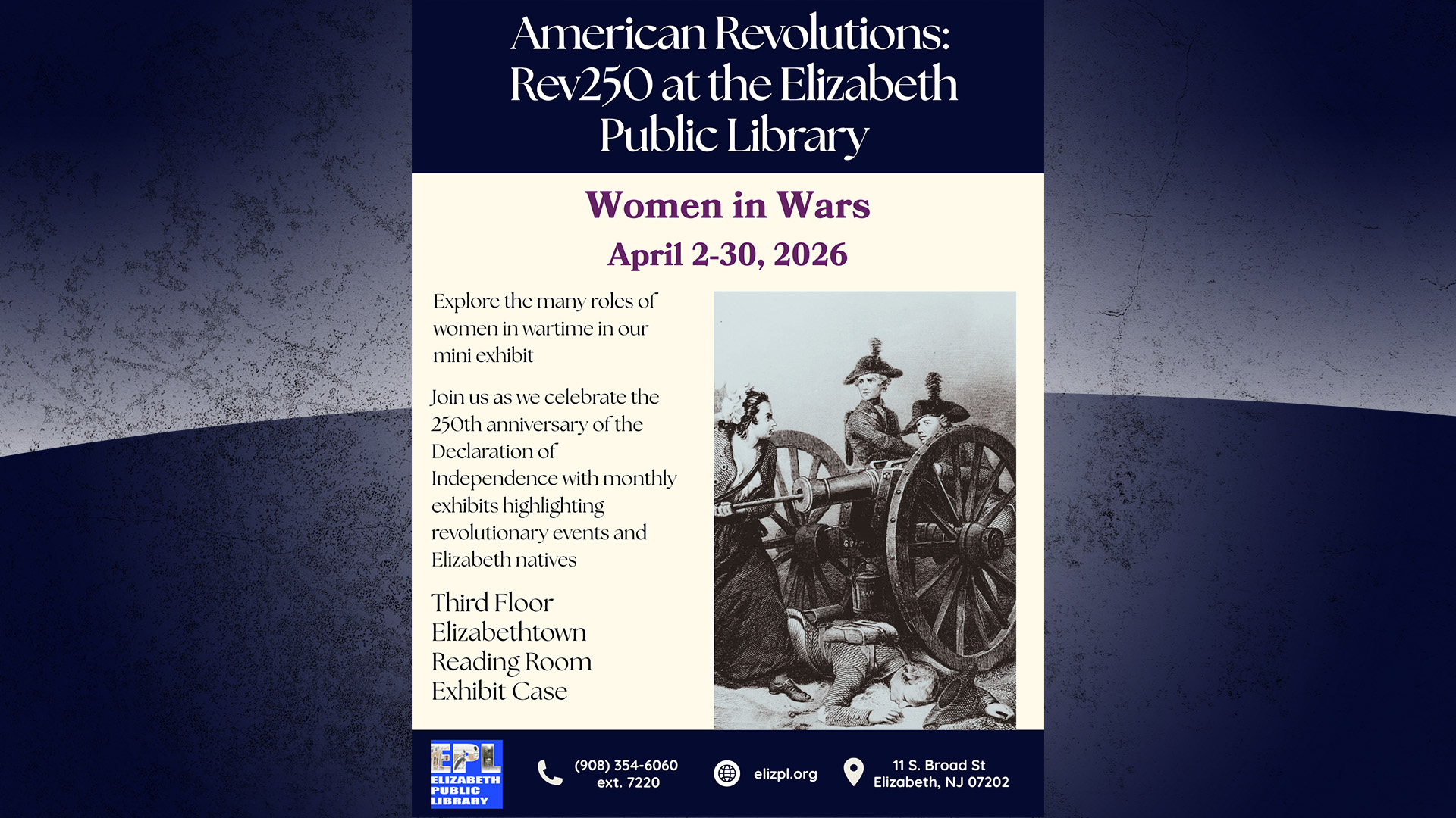 Promotional graphic for the Women in Wars mini exhibit at Elizabeth Public Library in Elizabeth, New Jersey