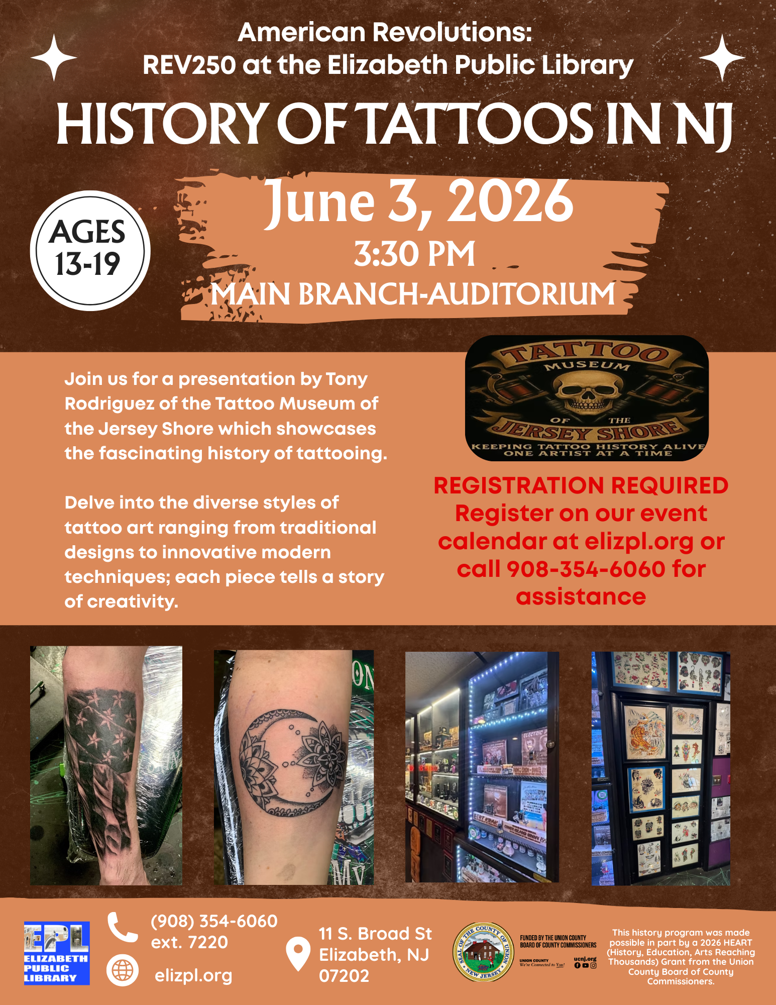 Flyer for History of Tattoos in NJ, a REV250 Elizabeth Public Library event on June 3, 2026 featuring Tony Rodriguez of the Tattoo Museum of the Jersey Shore.