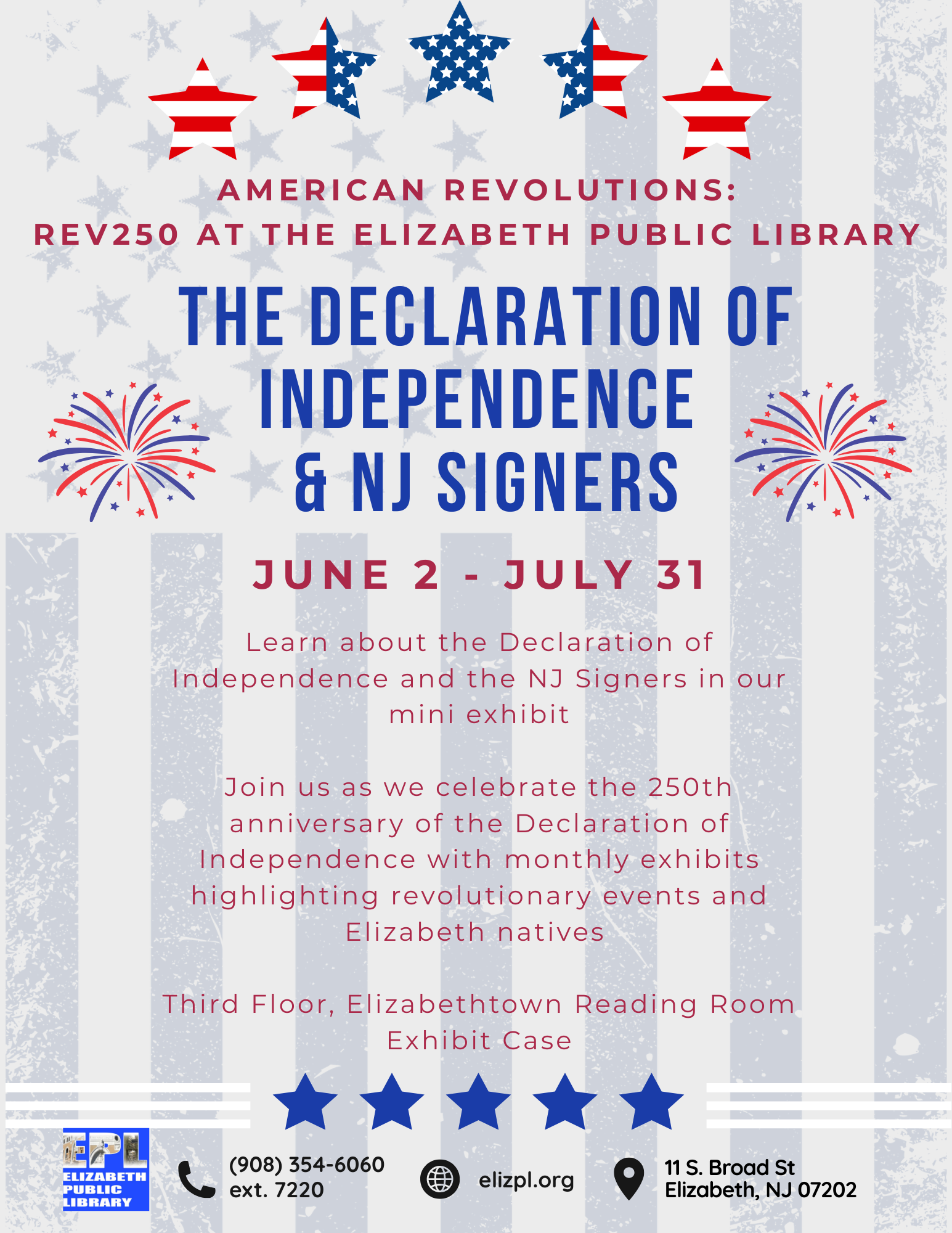Flyer for The Declaration of Independence and NJ Signers mini exhibit at Elizabeth Public Library from June 2 to July 31, 2026, in the Elizabethtown Reading Room exhibit case.