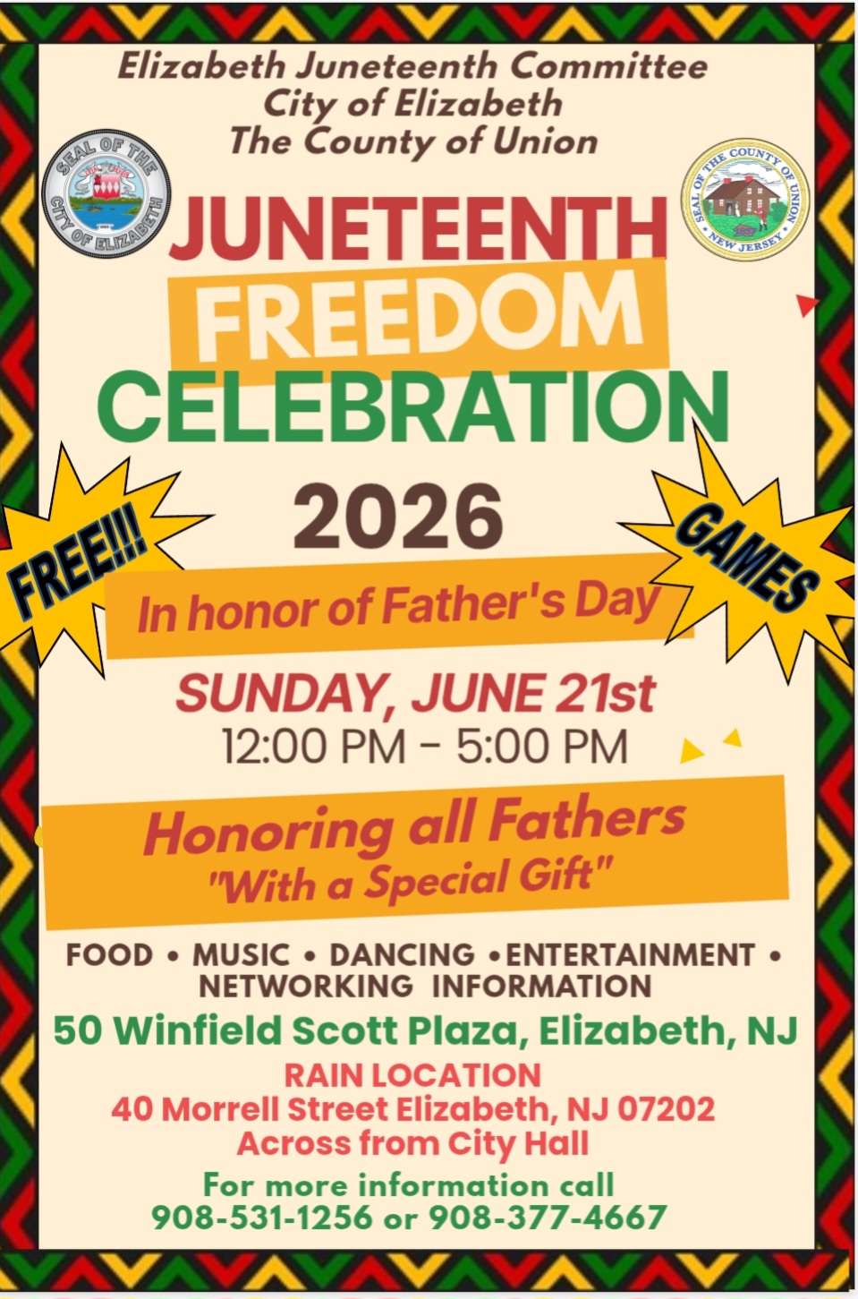 Flyer for the Elizabeth Juneteenth Freedom Celebration 2026 at Winfield Scott Plaza featuring food, music, dancing, entertainment, games, and a Father’s Day tribute.