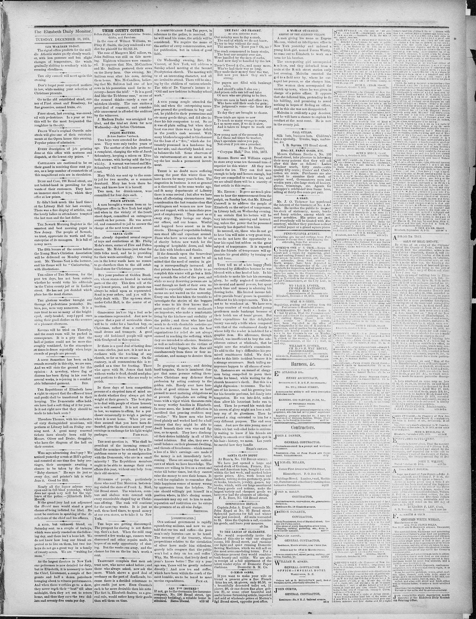 Densely printed December 16, 1873 Elizabeth Daily Monitor page with local notices, court reporting, advertisements, and a dated header.